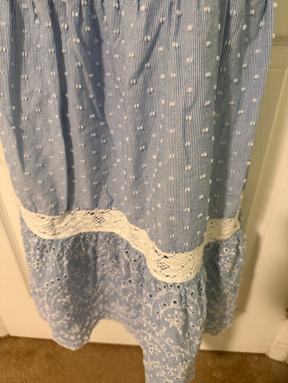 Light Blue Eyelet Tiered Maxi Dress W Tie Straps Shabby Chic Lace,Bust 31”-32” - Picture 5 of 13